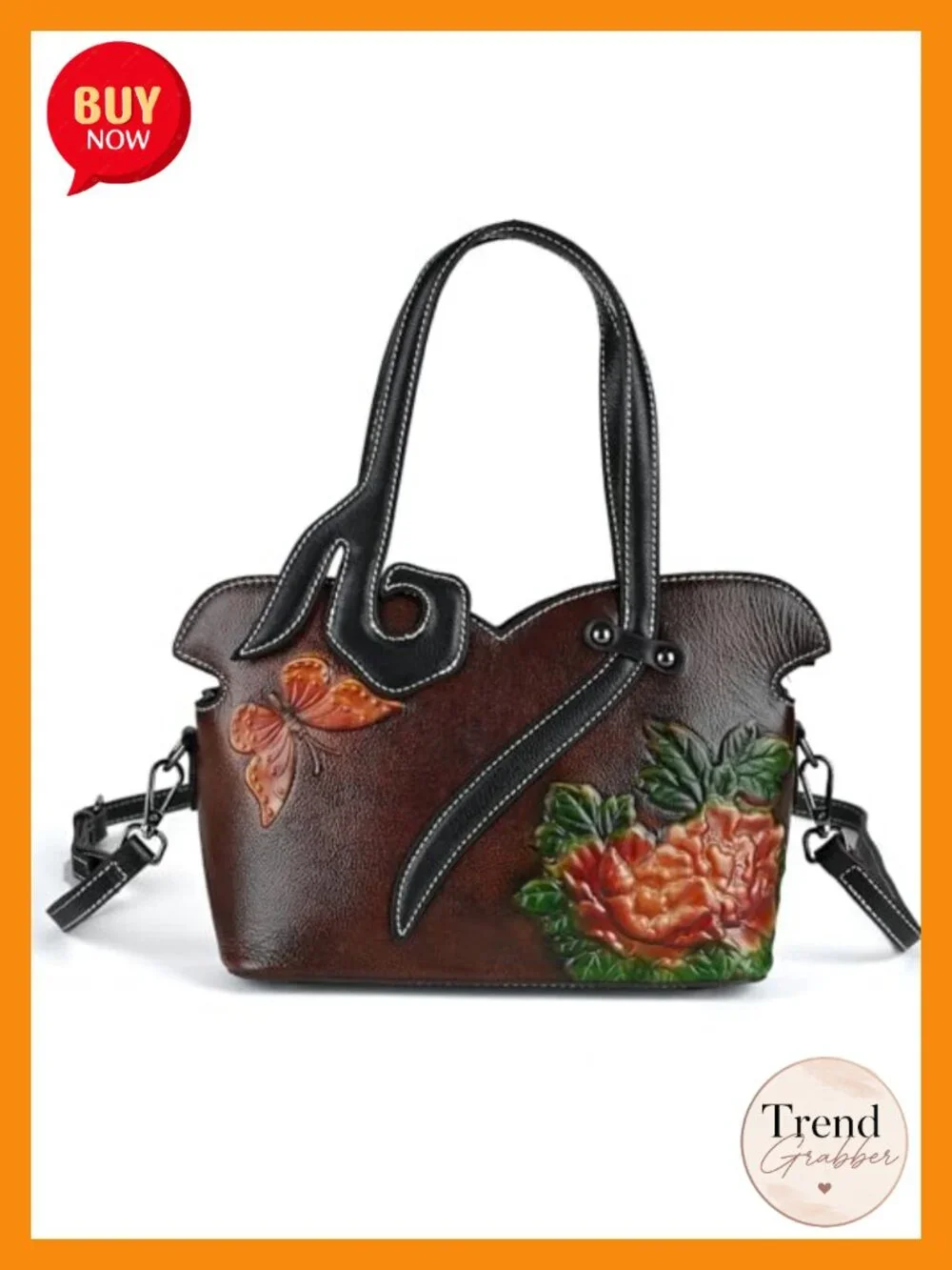 Genuine Italian Leather Handbag - Embossed Mandala Tote - Handcrafted Floral